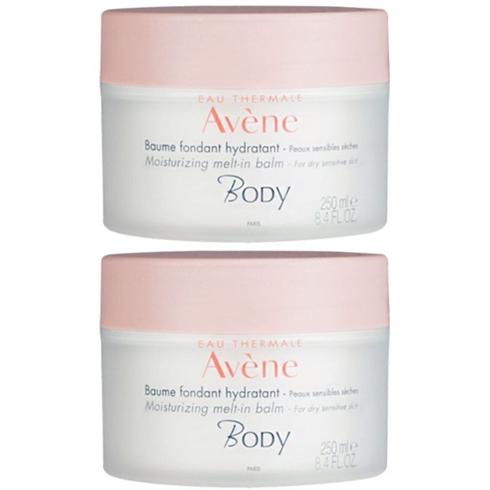 Twee potten bodybalsem. Witte pot met roze deksel. Opschrift: Avène, Baume fondant hydratant, Body.
