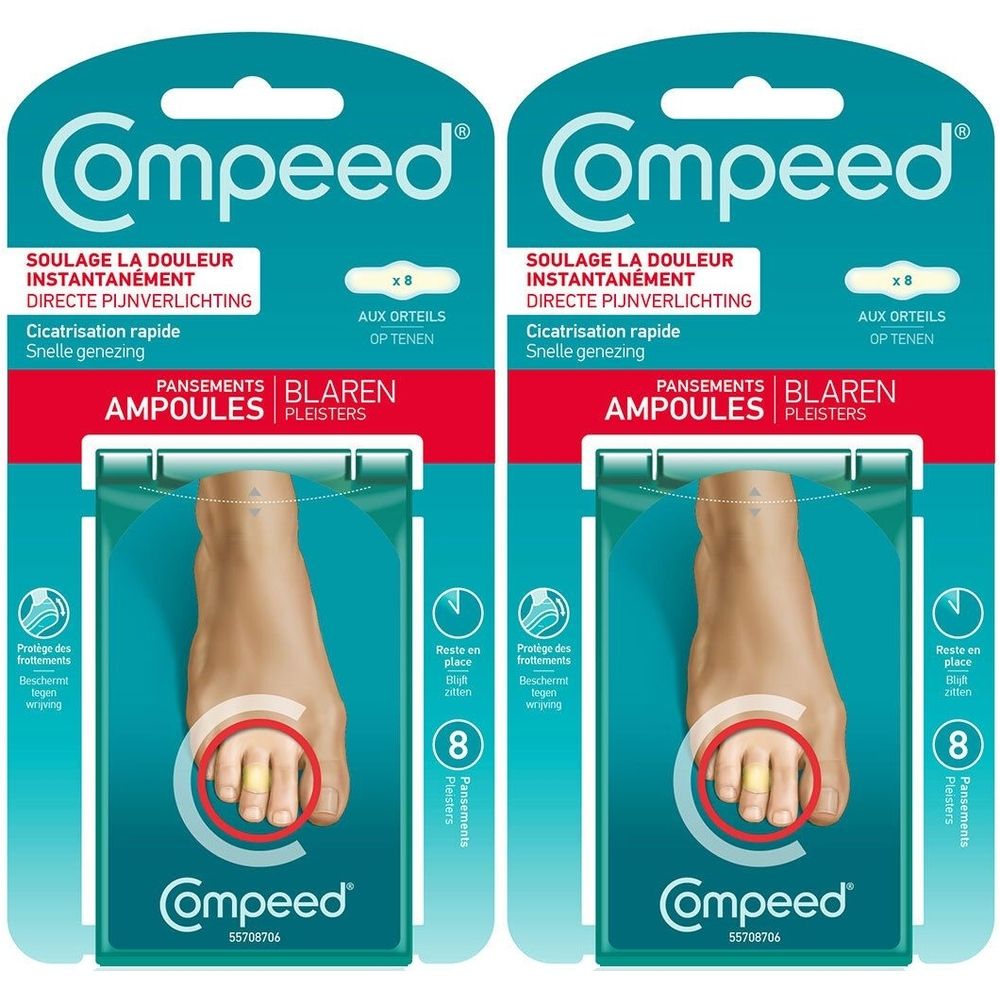 Deux emballages Compeed®. Chaque emballage montre un pied avec un pansement pour ampoules sur l'orteil. Texte : 'Ampoules'.