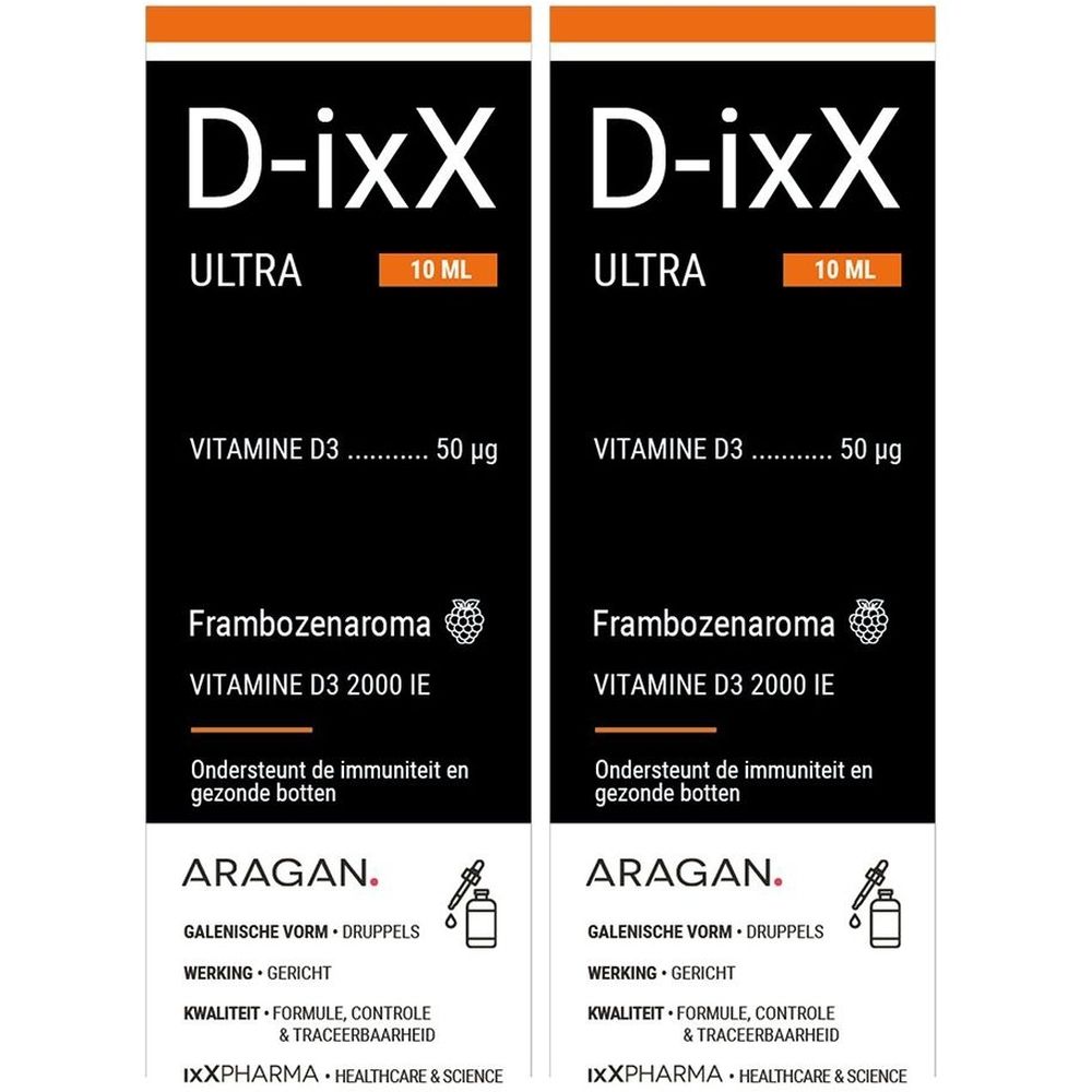 Twee flesjes met zwart etiket. Boven: D-ixX ULTRA, 10 ml. Tekst: Vitamine D3, 50 µg. Frambozenaroma, Vitamine D3 2000 IE. ARAGAN.
