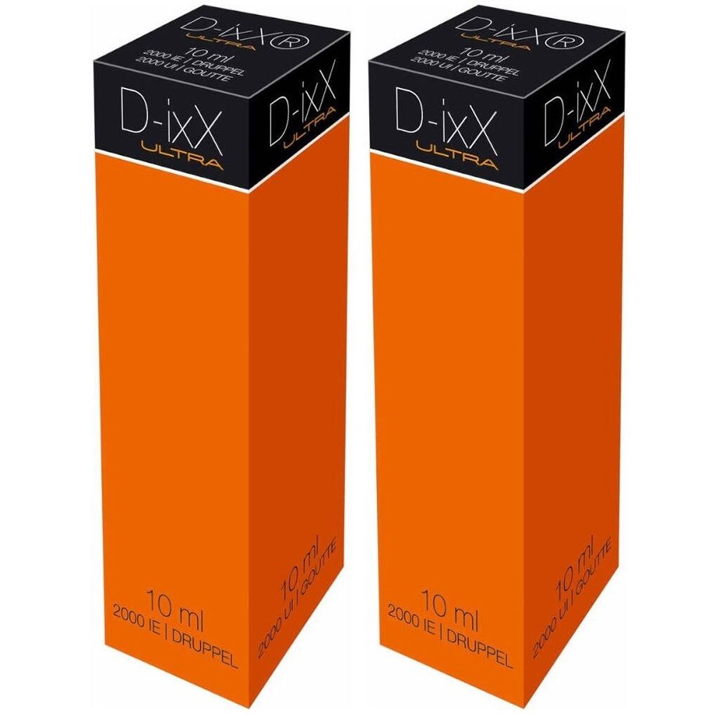 Twee oranje dozen. Zwart deksel met wit "D-ixX ULTRA" logo. Tekst: 10 ml, 2000 IE/druppel.