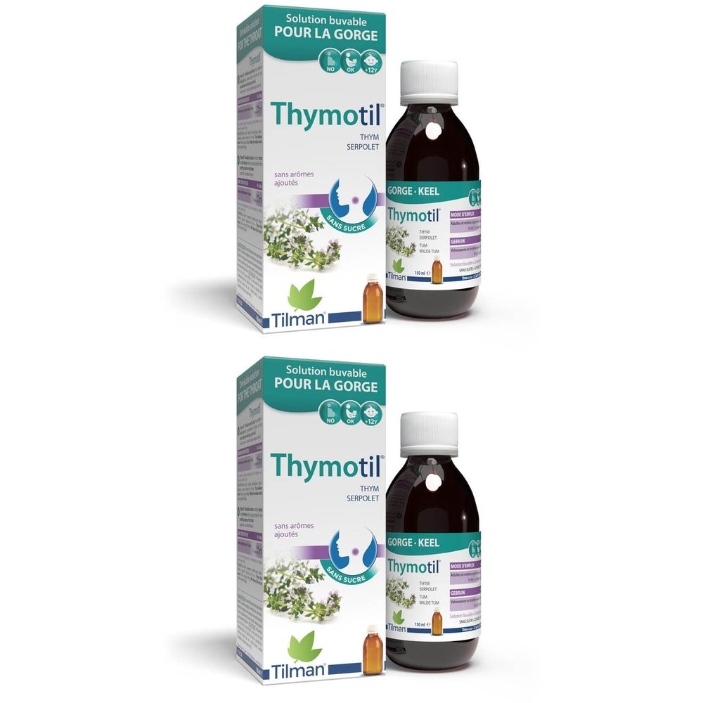Deux boîtes et flacons de Thymotil Sirop Gorge sans Sucre. Inscription: Thymotil, Solution buvable pour la gorge.