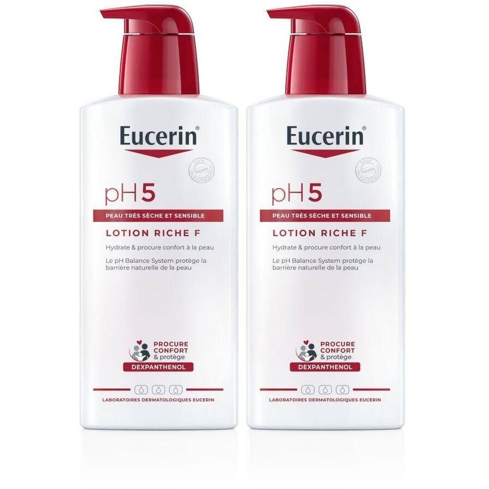 Deux flacons de Eucerin pH5 Lotion Riche F. Flacons blancs avec pompe rouge. Texte: pH5, Lotion Riche F, Dexpanthénol.