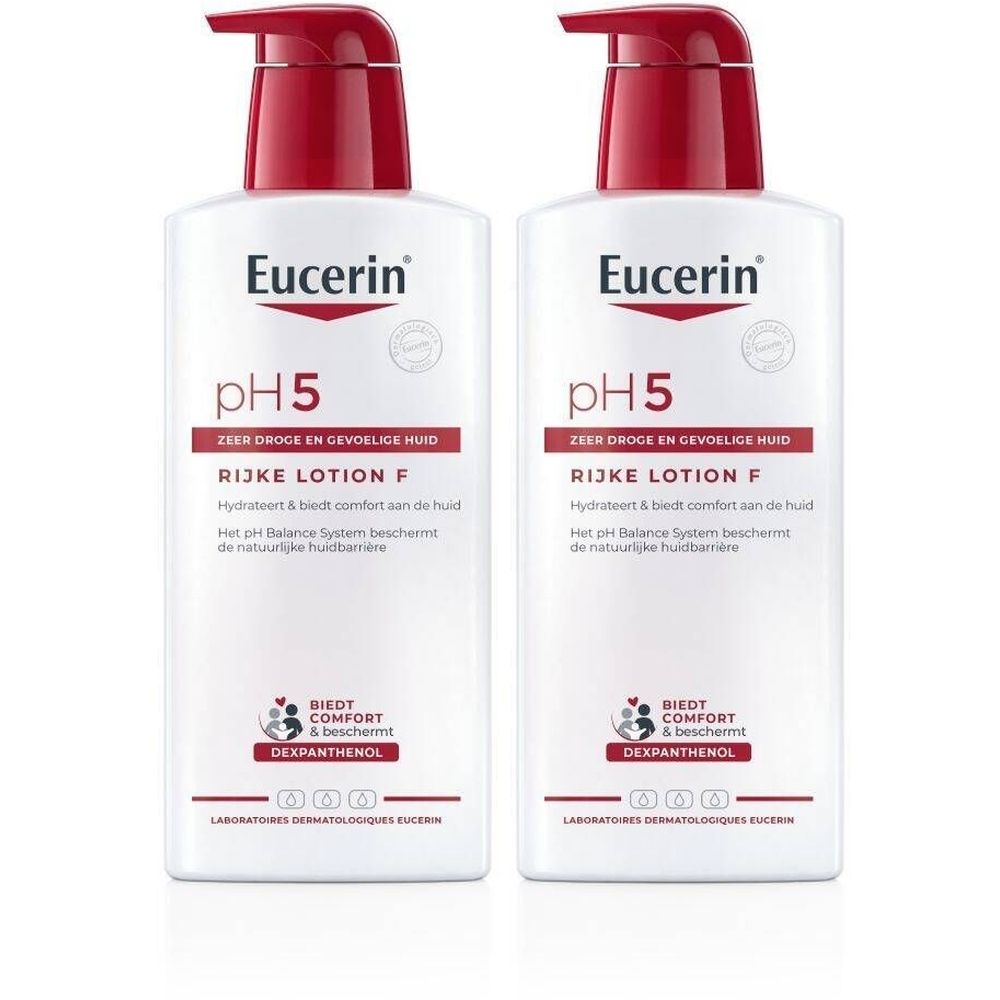 Twee flessen Eucerin pH5 Lotion. Witte flessen met rode pomp. Tekst: pH5, Rijke Lotion F, Dexpanthénol.