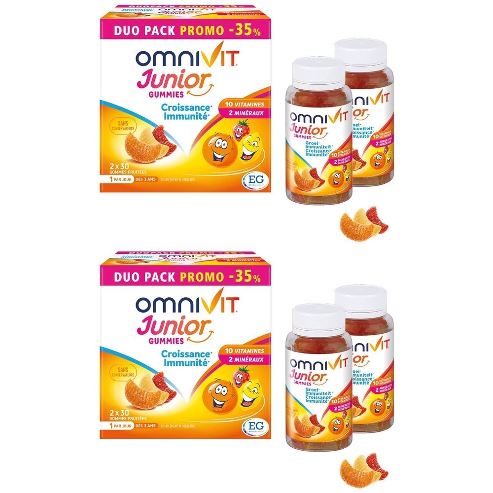 Deux boîtes Omnivit Junior Gummies, Duo Pack -35%. Deux flacons et morceaux de bonbons gélifiés.