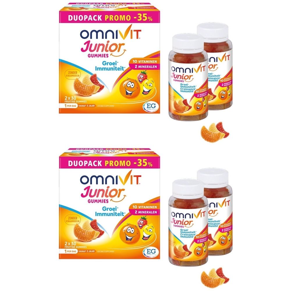Twee dozen Omnivit Junior Gummies, Duo Pack -35%. Twee flessen en stukjes gummies.