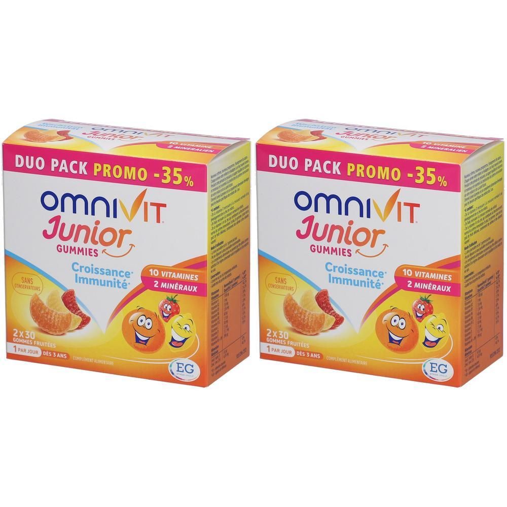 Twee verpakkingen Omnivit Junior Gummies. Duo-pack -35%. Opschrift: 10 vitaminen, 2 mineralen. Afbeelding van gummies en fruit.