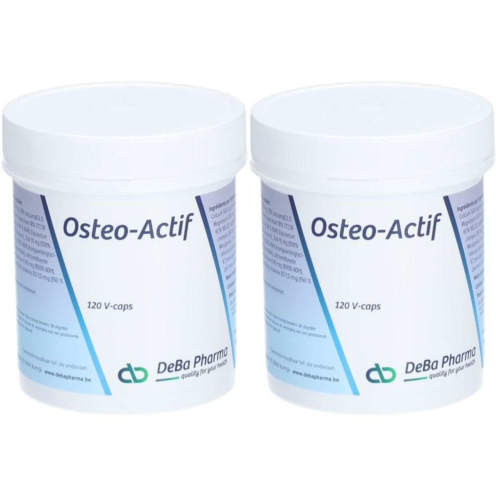 Deux pots blancs avec l'inscription "Osteo-Actif" et "120 V-caps". En dessous, le logo et l'inscription "DeBa Pharma".