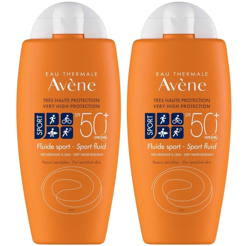 Deux flacons orange avec bouchon blanc. Inscription : Avène, Très haute protection, SPF 50+, Fluide sport. Pour peaux sensibles.