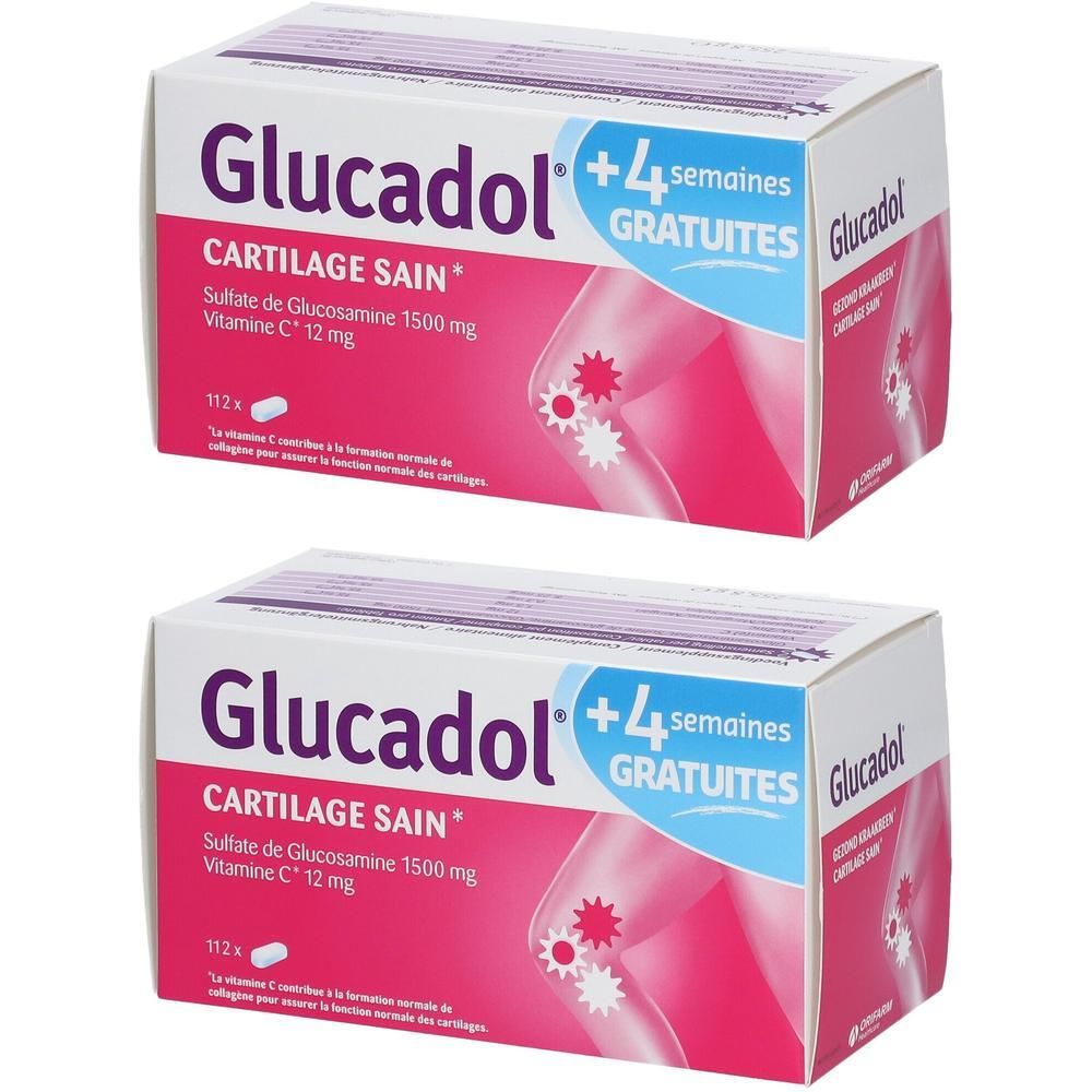Twee dozen Glucadol. Opschrift: Cartilage Sain, Glucosaminesulfaat 1500 mg, Vitamine C 12 mg. Plus 4 semaines gratuites.