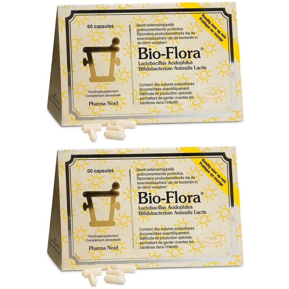 Twee dozen Bio-Flora met 60 capsules. Opschrift: Lactobacillus Acidophilus, Bifidobacterium Animalis Lactis. Pharma Nord.