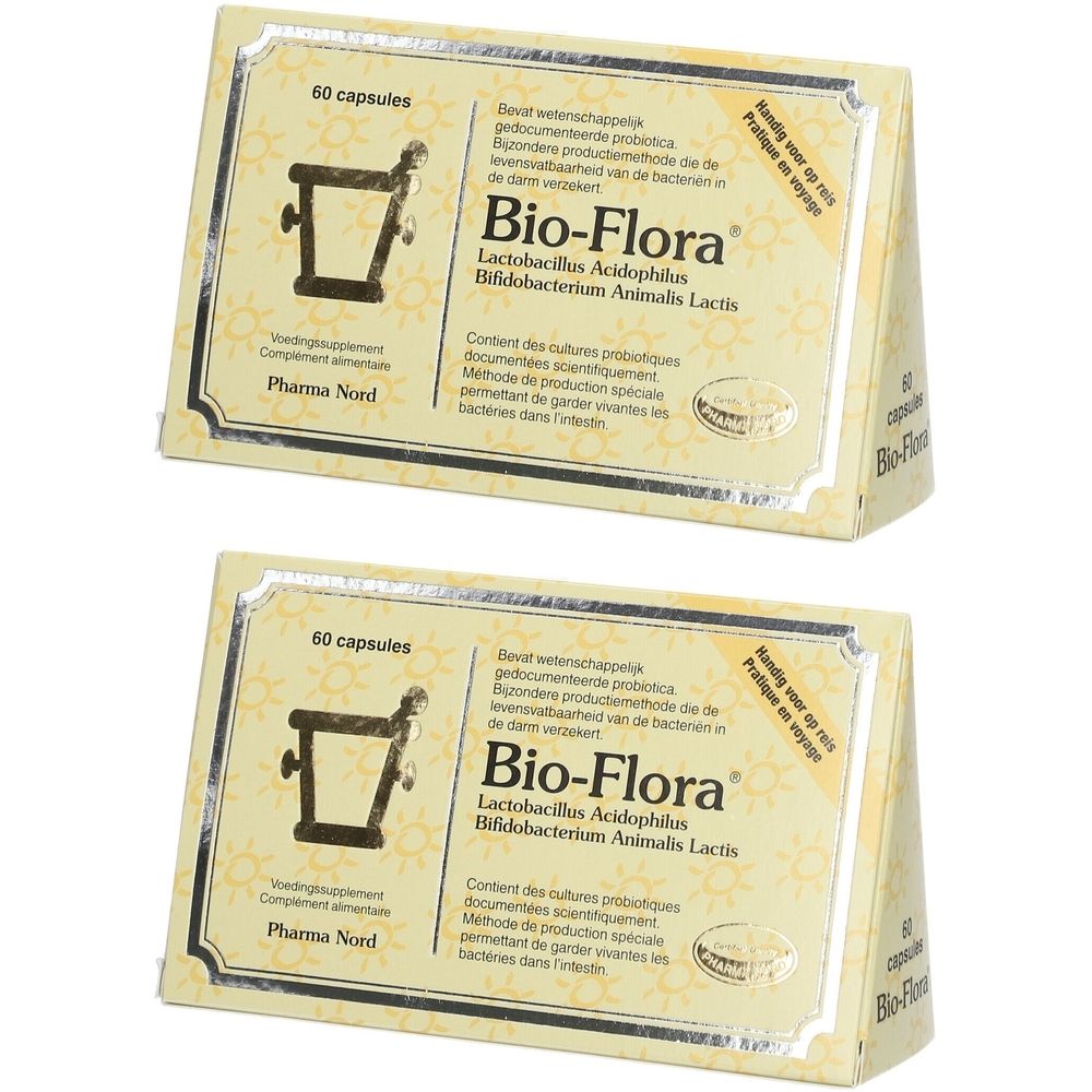 Deux boîtes de Bio-Flora, 60 gélules. Emballage jaune avec nom et logo du produit. Pharma Nord.