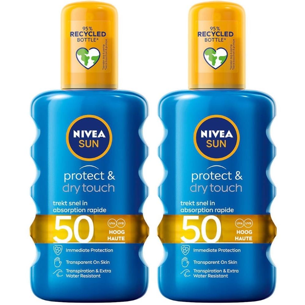 Deux flacons bleus avec bouchons jaunes. Inscription: Nivea Sun Protect & Dry Touch SPF50. Flacon recyclé à 95%.