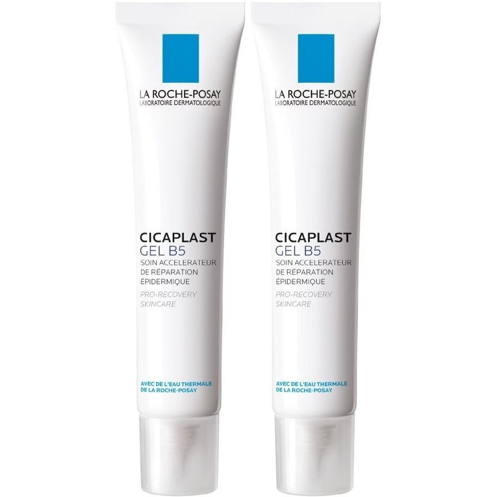 Twee tubes La Roche-Posay Cicaplast Gel B5. Witte tubes met blauw vierkant en tekst. Productnaam en tekst zichtbaar.