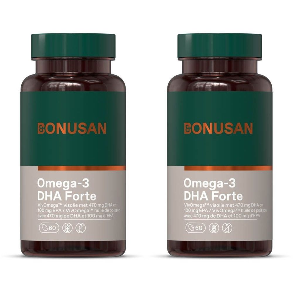 Deux flacons de BONUSAN Oméga-3 DHA Forte. Bouteilles marron avec bouchon et étiquette verts. Inscription : Oméga-3 DHA Forte.