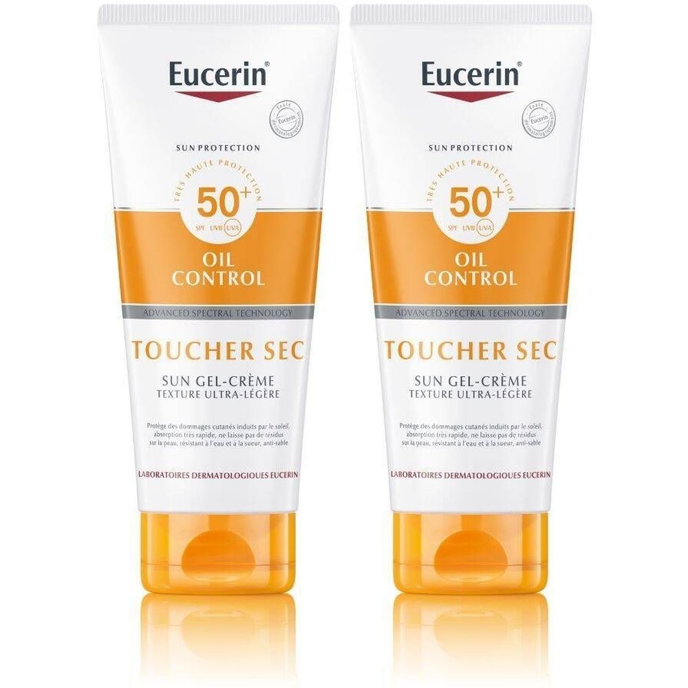 Deux tubes de gel-crème solaire Eucerin. Blanc, avec des accents orange. Texte: SPF 50+, Oil Control, Dry Touch.