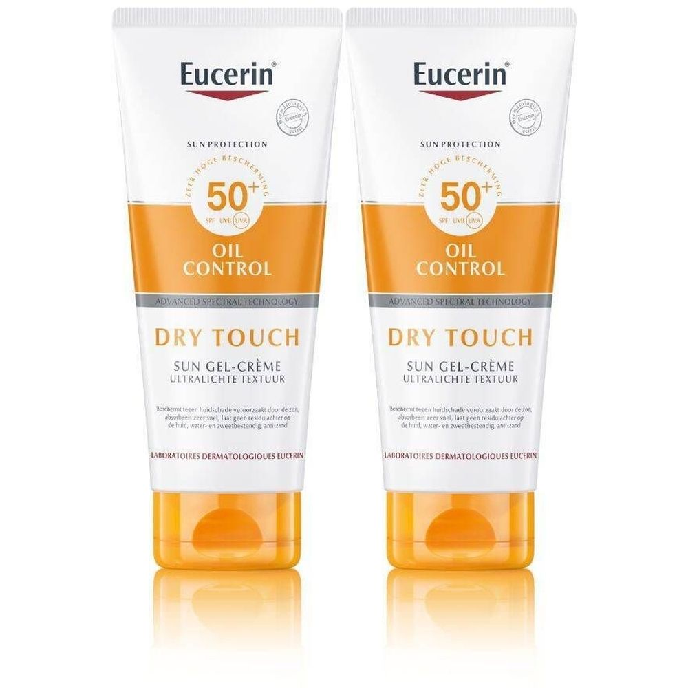 Twee tubes Eucerin zonnebrandgel-crème. Wit, met oranje accenten. Tekst: SPF 50+, Oil Control, Dry Touch.