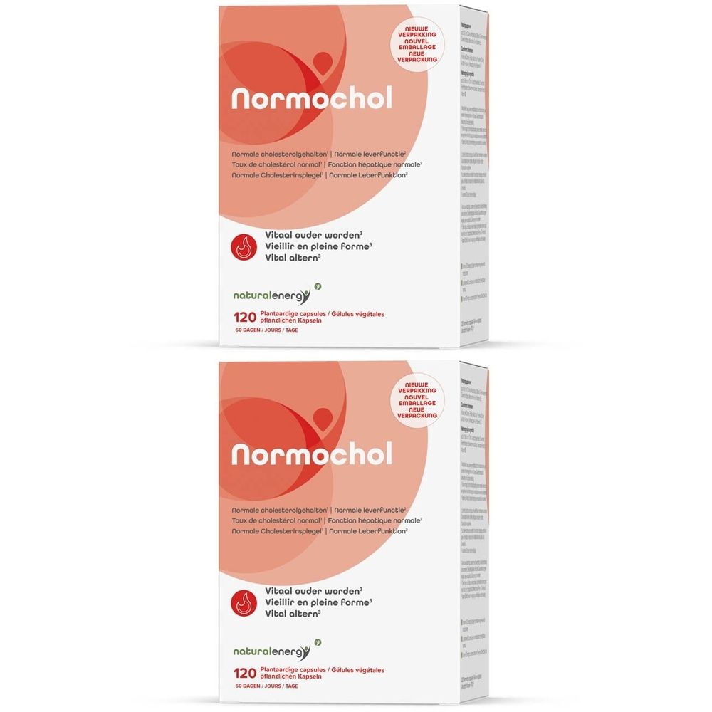 Twee witte dozen met "Normochol". Meertalige opschriften. Merk: naturalenergy. Bevat 120 capsules.