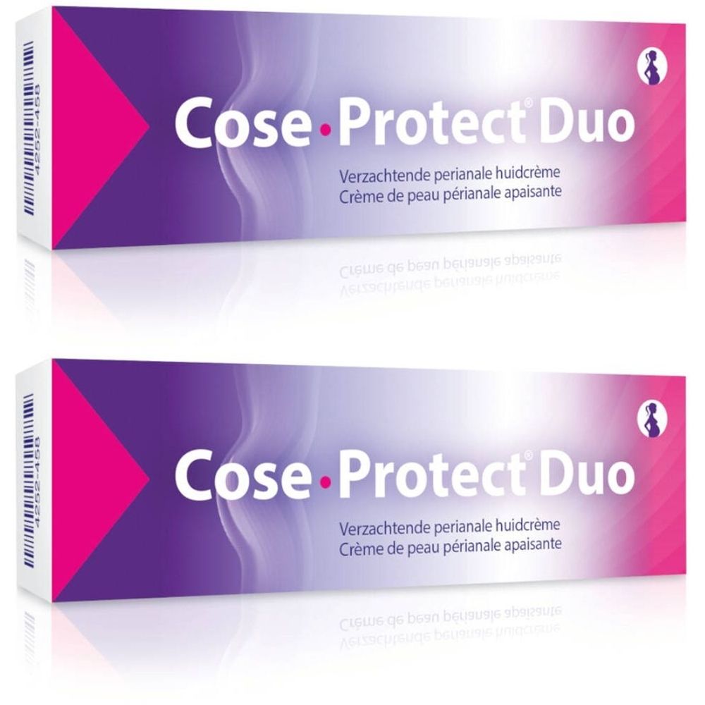 Deux boîtes Cose Protect Duo. Inscription: Verzachtende perianale huidcrème, Crème de peau périanale apaisante. Fond violet et rose.
