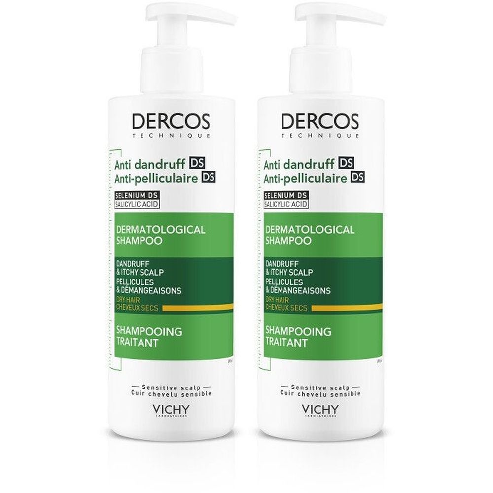 Twee witte flessen met pomp. Opschrift: Dercos Anti-roos Shampoo. Groene en witte etiketten. Merk: Vichy.