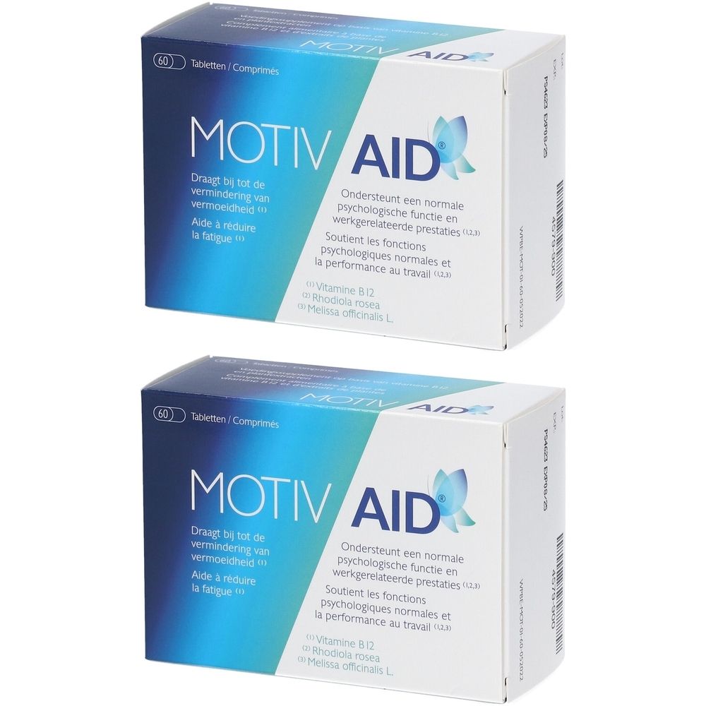 Deux boîtes de MotivAid. Emballage bleu et blanc avec nom et texte du produit. Contient 60 comprimés. Logo d'une fleur.