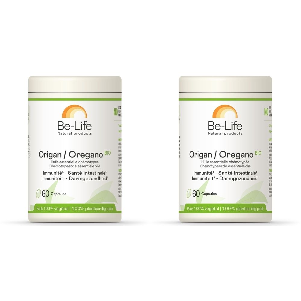 Twee witte potten met groene en oranje etiketten. Opschrift: Be-Life, Origan/Oregano BIO, 60 capsules. Tekst in het Frans en Nederlands.