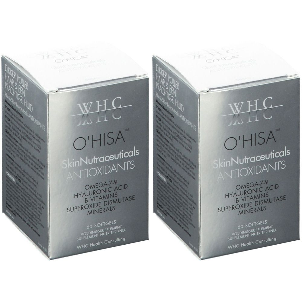 Deux boîtes grises avec "WHC O'HISA SkinNutraceuticals ANTIOXIDANTS". Contient 60 gélules. Marque et nom du produit visibles.