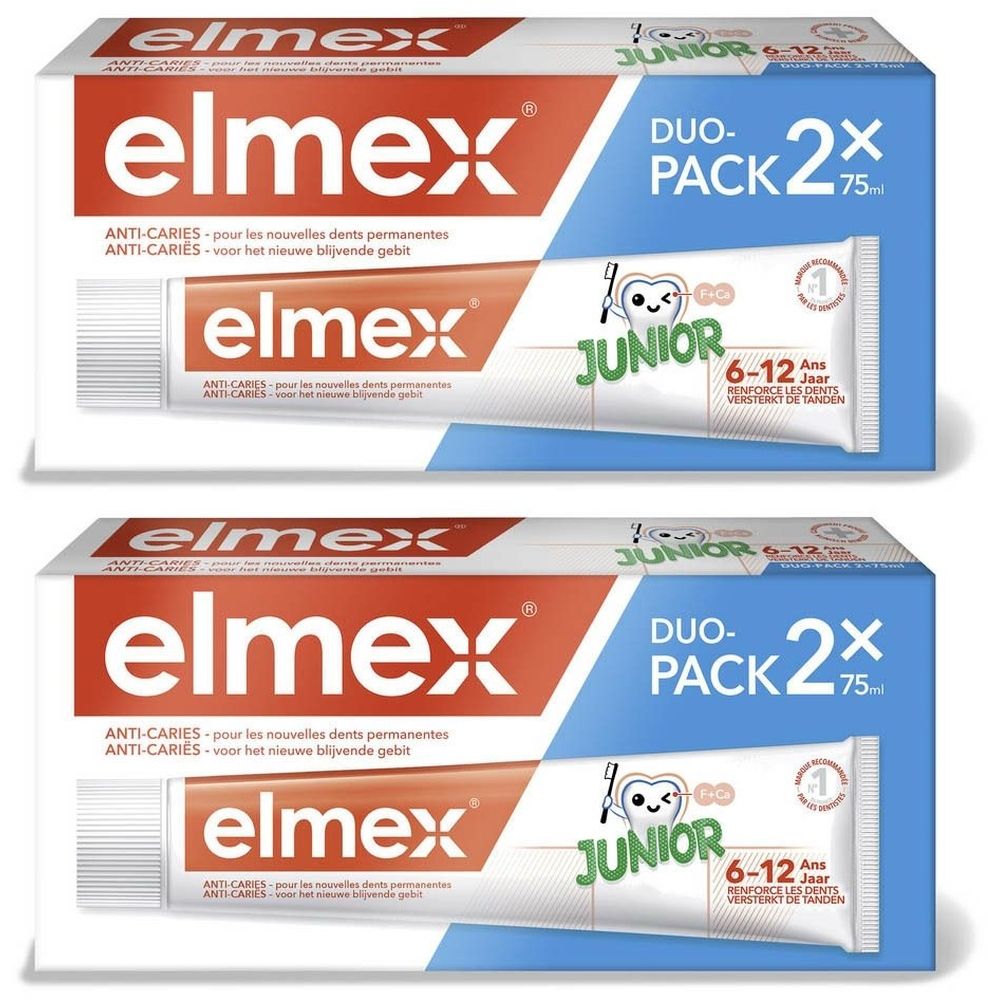 Twee verpakkingen elmex® Junior tandpasta. Duo-Pack met 2 tubes. Opschrift: Anti-Caries, Junior 6-12 jaar. Oranje tube met witte tekst.