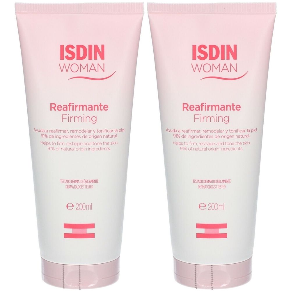 Twee tubes ISDIN Woman crème. Roze-witte verpakking. Opschrift: Reafirmante Firming. Bevat 200ml.