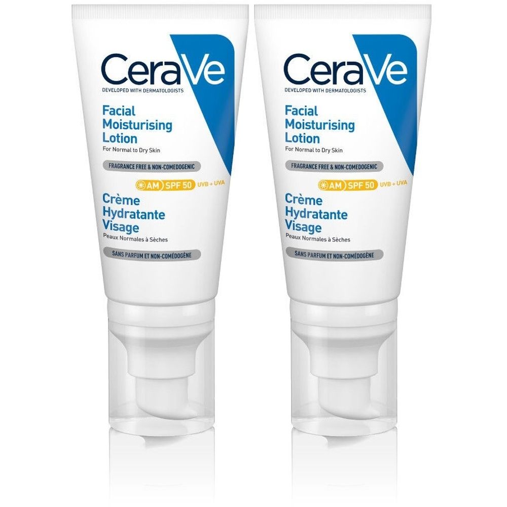 Deux tubes blancs avec inscriptions bleues et blanches. Inscription: CeraVe, Facial Moisturising Lotion, Crème Hydratante Visage, SPF 50.