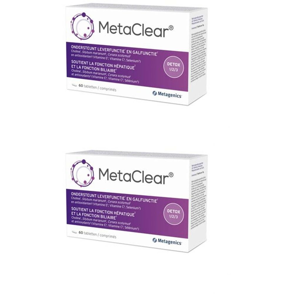 Deux boîtes blanches "MetaClear". Texte en néerlandais et en français. Le logo Metagenics est visible.