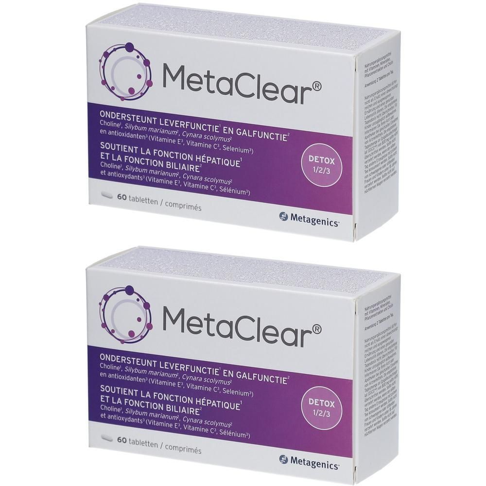 Twee dozen MetaClear. Witte verpakking met paarse accenten. Tekst: MetaClear, ondersteunt leverfunctie, Detox 1/2/3, 60 tabletten.