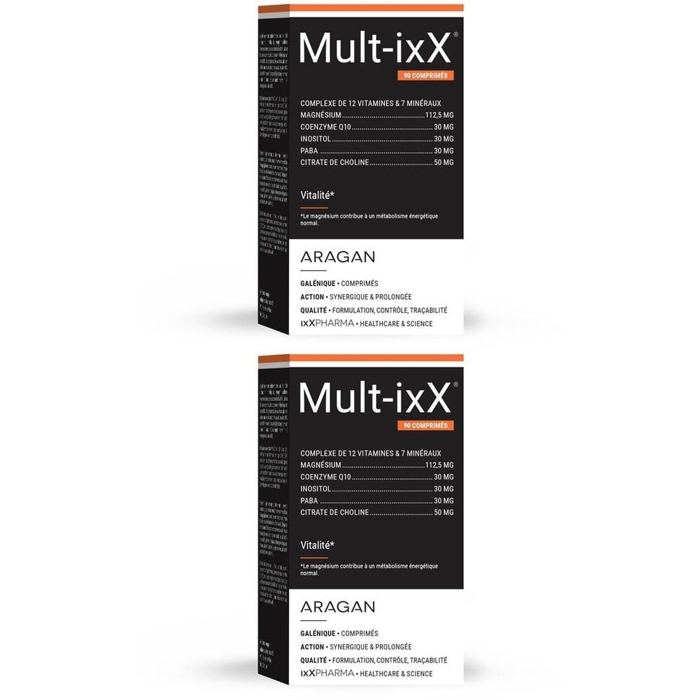 Deux boîtes Mult-ixX, 12 vitamines, 7 minéraux. Emballage noir et blanc avec texte. Logo Vitalité.