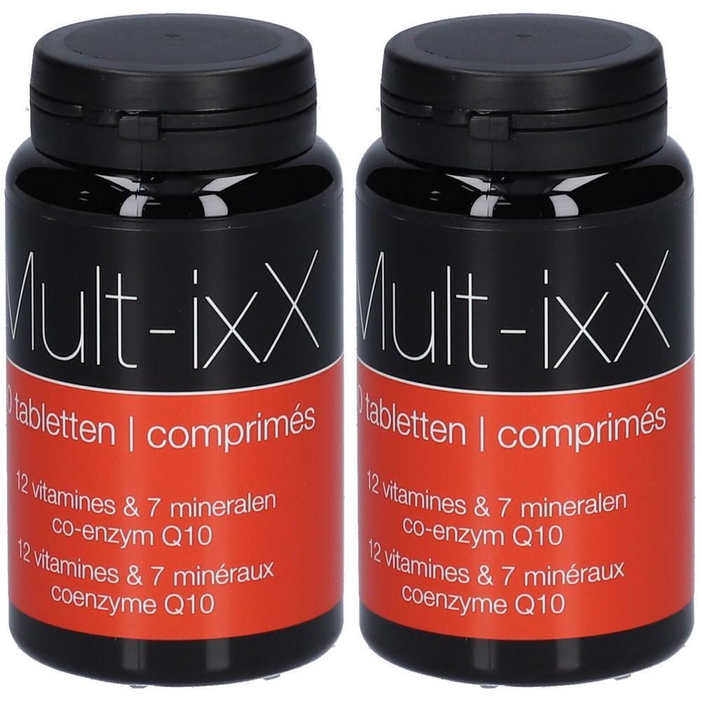 Twee zwarte flessen met rood etiket. Opschrift: Mult-ixX, 12 vitaminen & 7 mineralen, co-enzym Q10. Zwarte dop.
