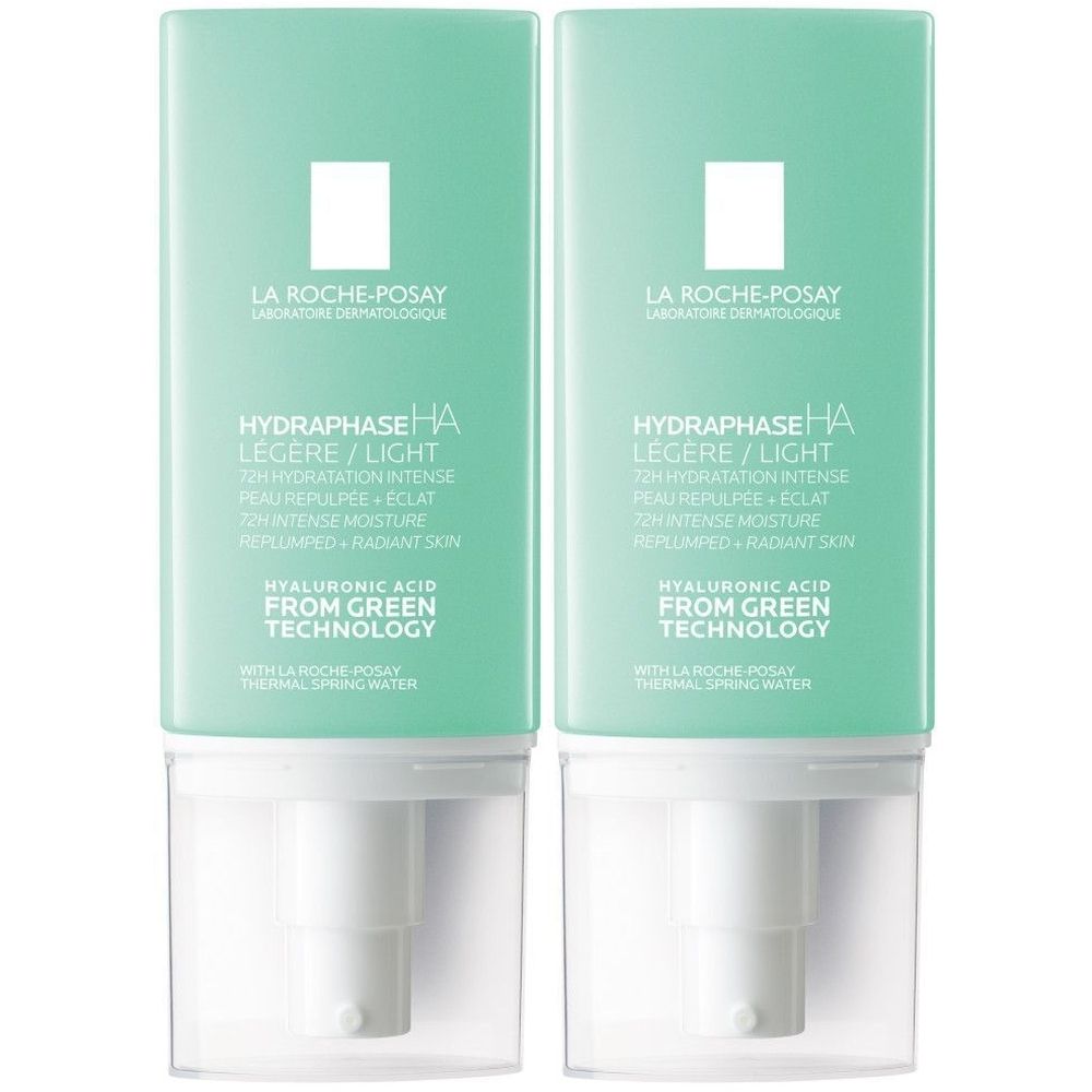 Twee flacons LA ROCHE-POSAY Hydraphase HA Légère. Turquoise flacons met witte dispenser. Tekst: HYDRAPHASE HA Légère, 72h Hydratation Intense.
