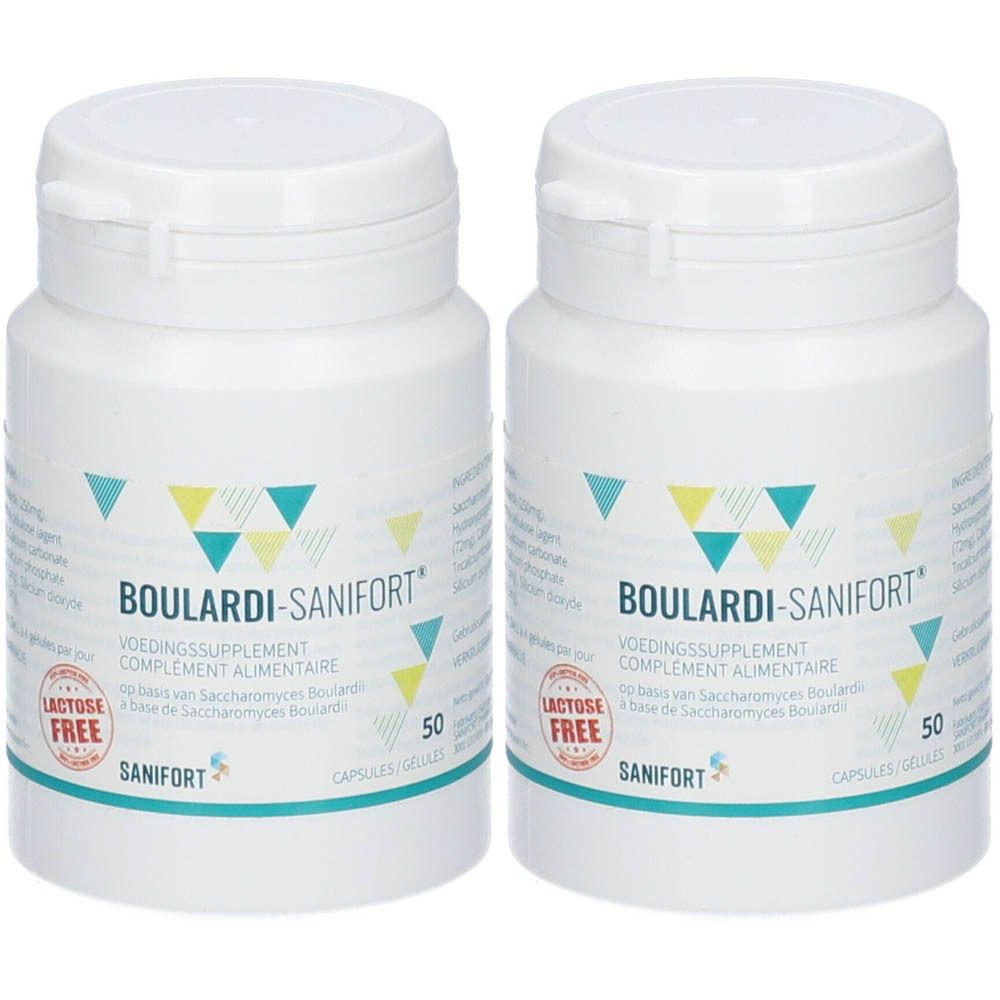 Deux flacons blancs avec couvercles. Inscription BOULARDI-SANIFORT, VOEDINGSSUPPLEMENT, COMPLEMENT ALIMENTAIRE. Label sans lactose. 50 gélules.
