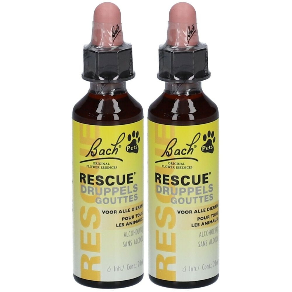 Deux flacons de Bach Rescue Pets. Liquide brun dans des flacons en verre avec compte-gouttes. Étiquette jaune avec texte et empreinte de patte.