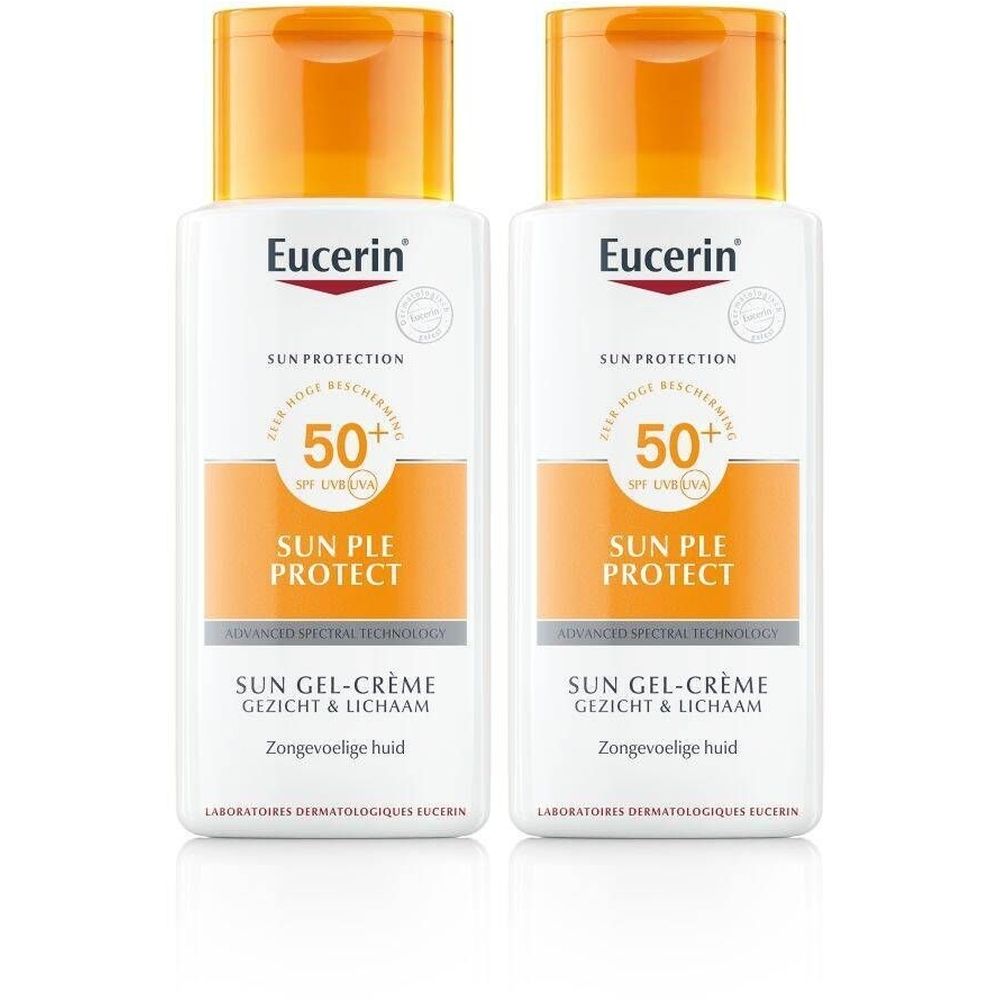 Twee flacons Eucerin Sun PLE Protect Gel-Crème SPF 50+. Witte flacons met oranje doppen en etiketten.
