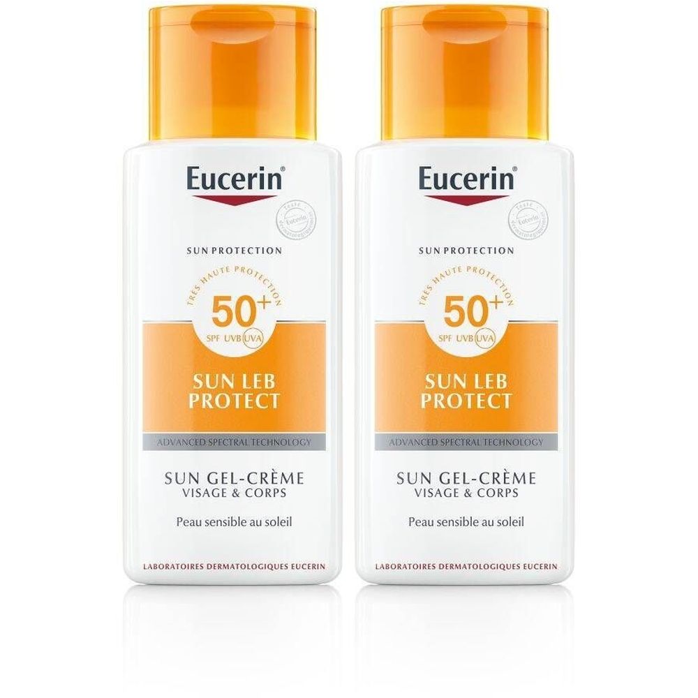 Deux flacons de Eucerin Sun LEB Protect Gel-Crème SPF 50+. Flacons blancs avec bouchon orange. Texte: Sun Protection, 50+ SPF UVA, Sun LEB Protect.