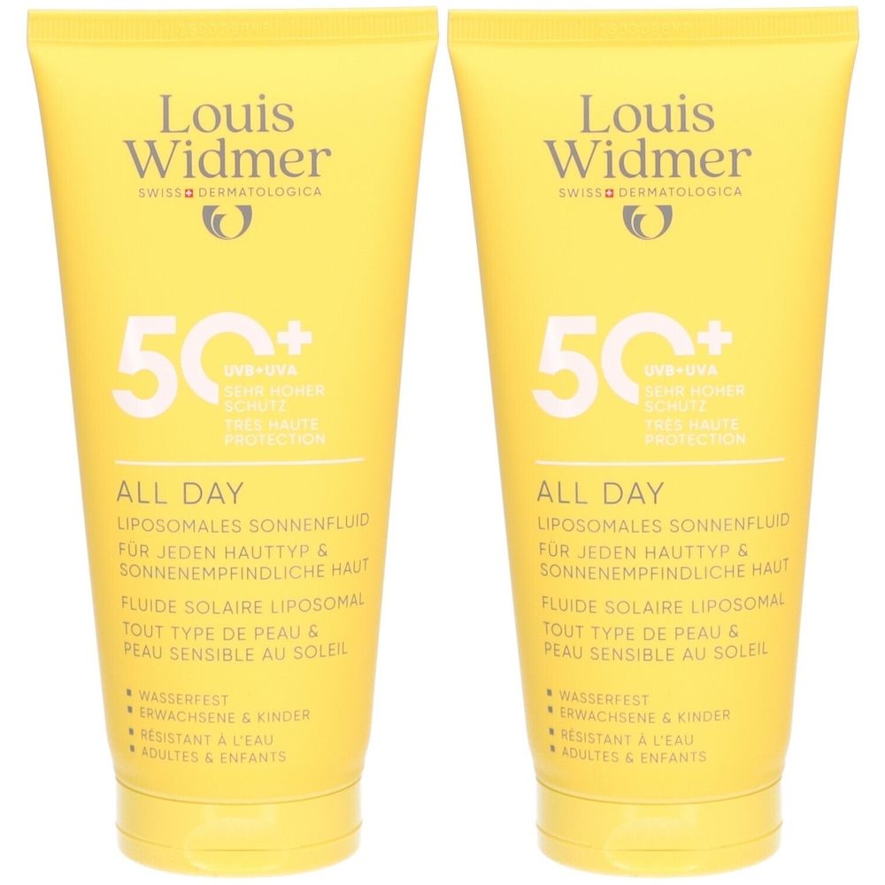 Twee gele tubes Louis Widmer All Day SPF50+. Tekst: 50+, All Day, liposomale zonnebrandcrème, voor elk huidtype. Watervast.