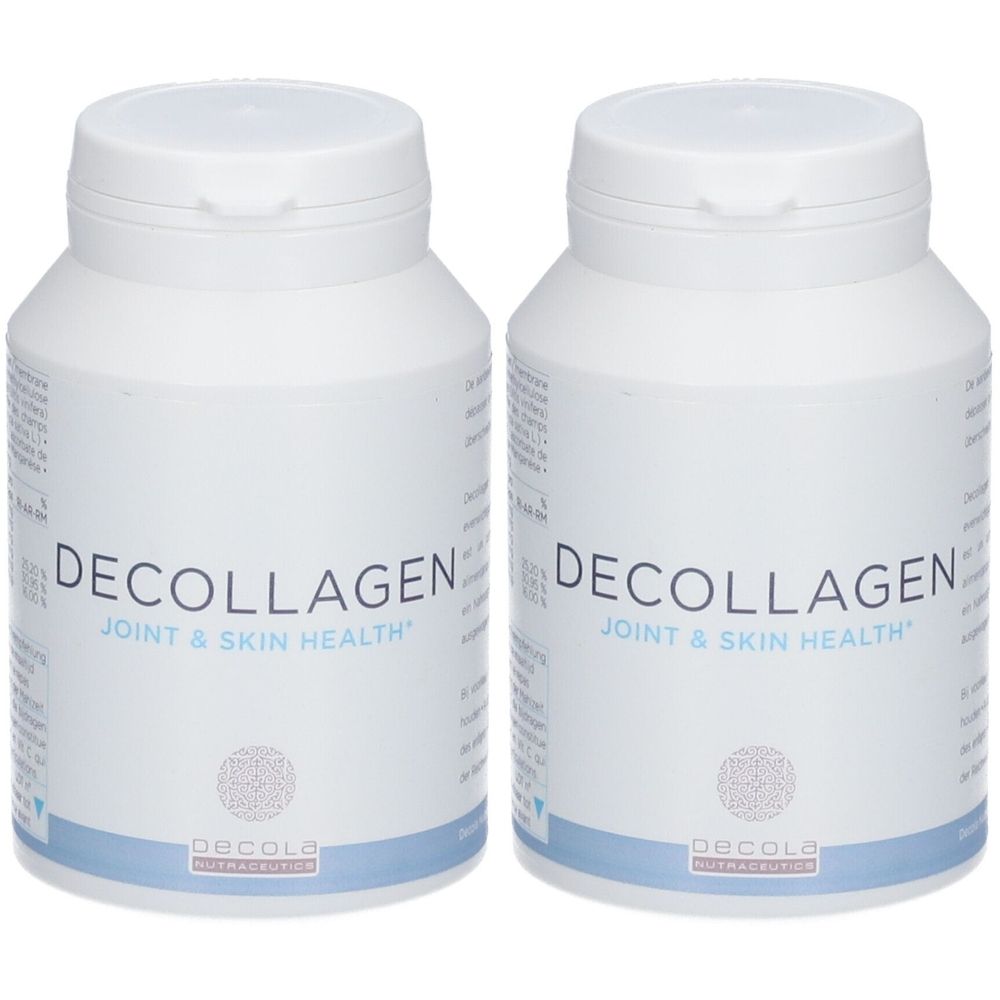 Twee witte flessen met deksels. Opschrift: DECOLLAGEN, Joint & Skin Health. Logo: Decola Nutraceuticals.
