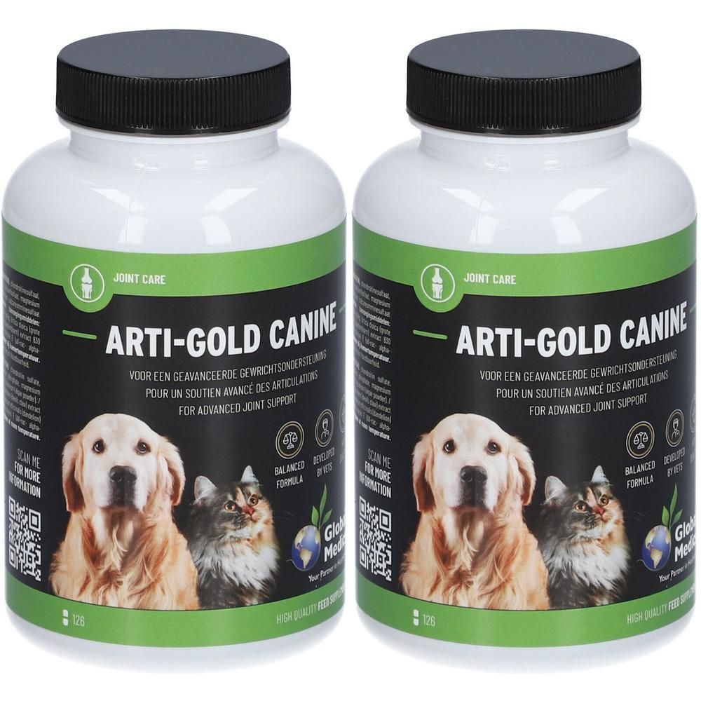 Twee flessen Arti-Gold Canine met zwarte doppen. Etiket met hond, kat en tekst: Joint Care, voor gewrichtsondersteuning.