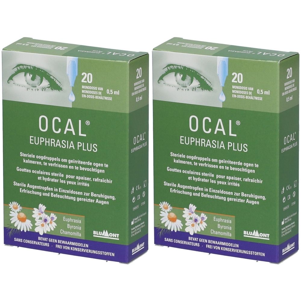 Deux boîtes vertes OCAL Euphrasia Plus. Impression avec image d'œil et informations produit. Contient 20 unidoses.