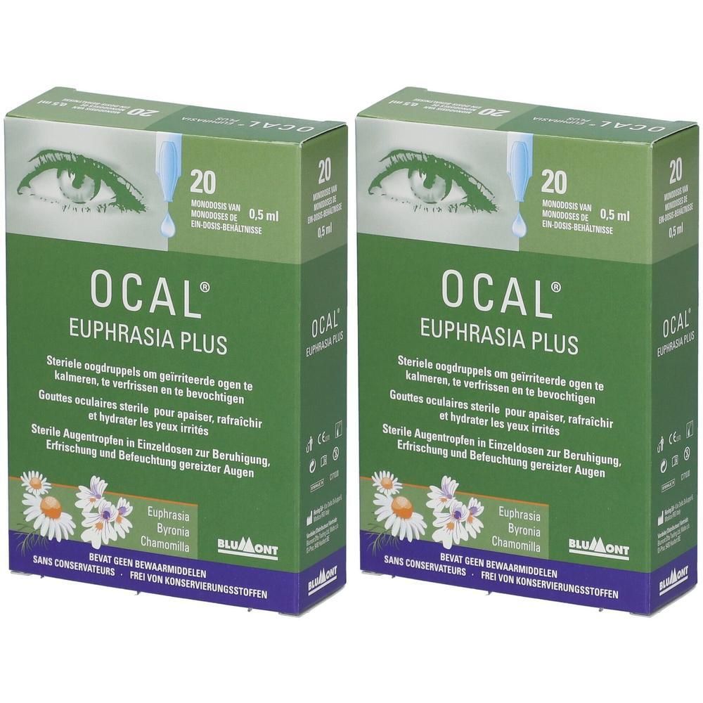 Twee groene dozen OCAL Euphrasia Plus. Opdruk: ogen, druppels, 20 unidoses, tekst in het Duits, Frans, Nederlands.