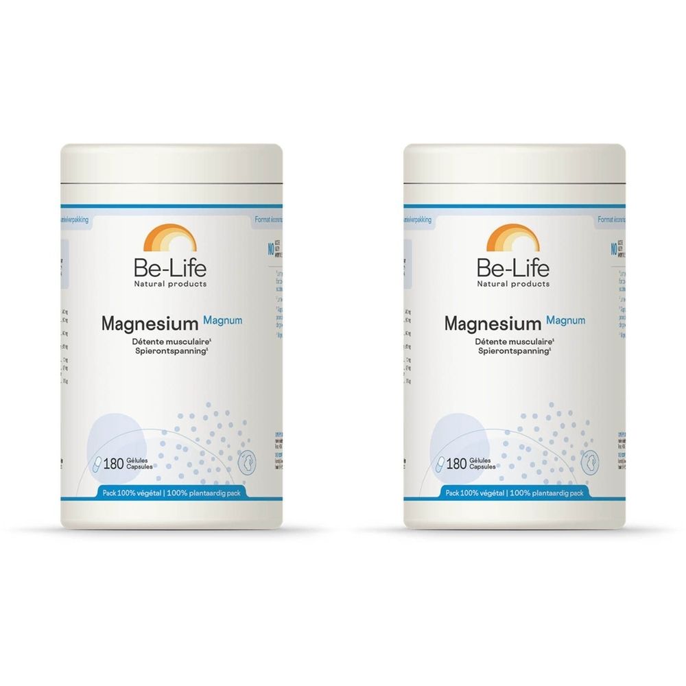 Twee witte potten met de tekst "Be-Life Magnesium Magnum". Opschrift "180 capsules".
