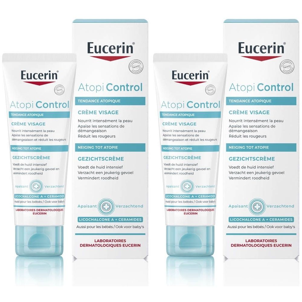 Twee tubes en twee dozen Eucerin AtopiControl Crème Visage. Opschrift: Crème Visage, Tendence Atopique.