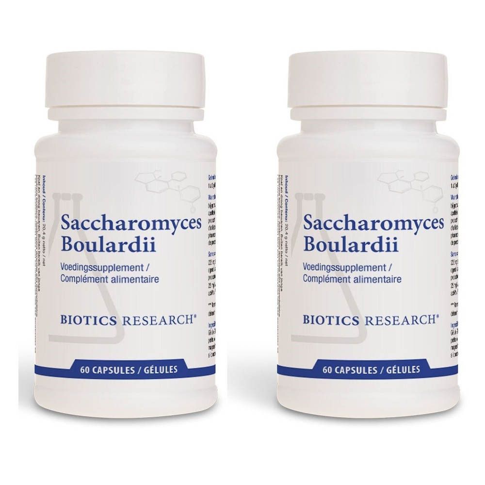 Deux flacons blancs avec bouchon à vis. Inscription : Saccharomyces Boulardii, complément alimentaire, Biotics Research. 60 gélules.
