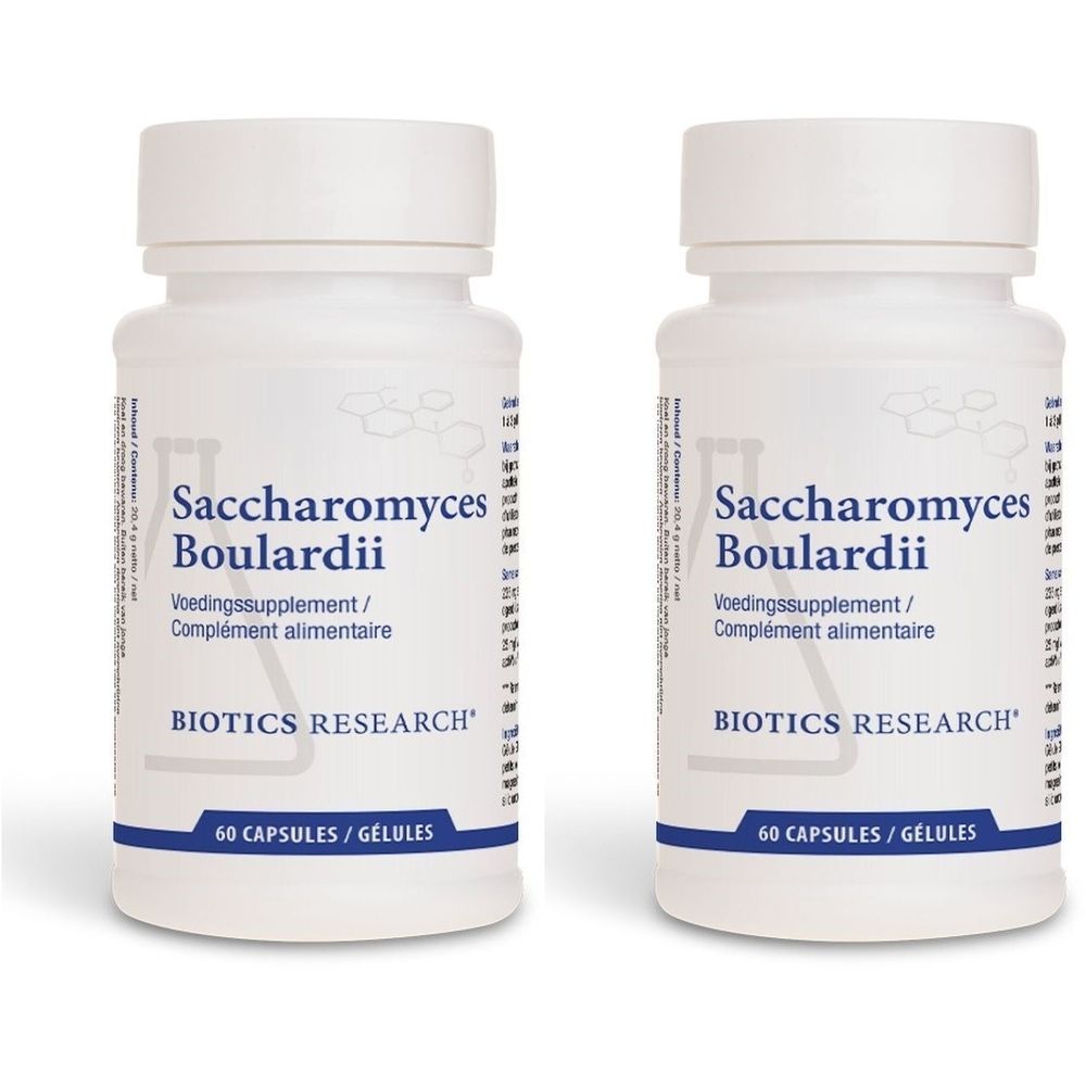 Twee witte flessen met etiketten. Opschrift: Saccharomyces Boulardii, Biotics Research. 60 capsules.