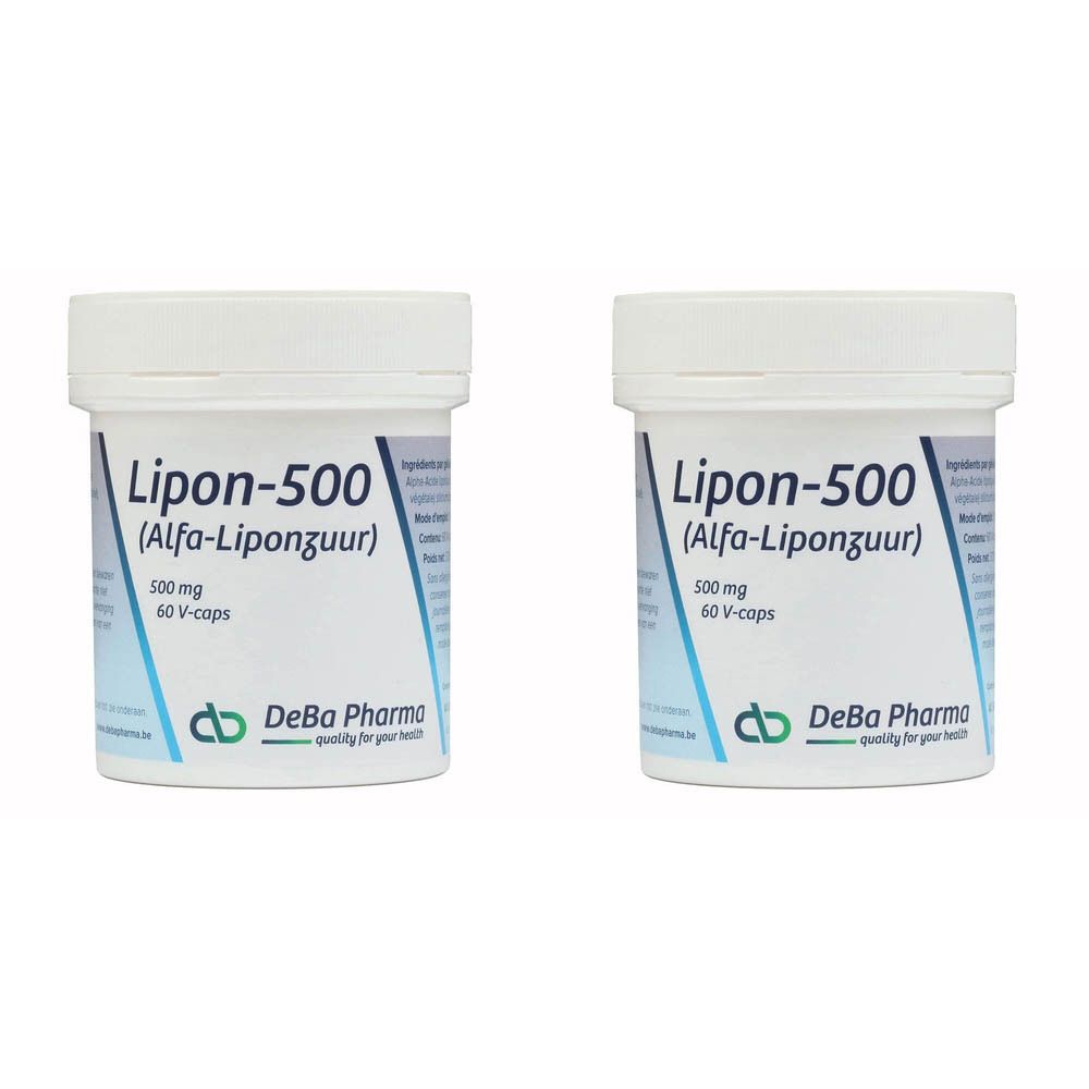 Twee witte potten met de tekst Lipon-500 (Alfa-Liponzuur). Opschrift: 500 mg, 60 V-caps. Logo DeBa Pharma.