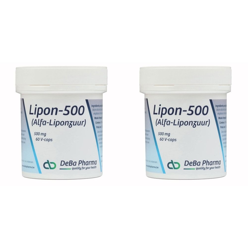 Twee witte potten met deksels. Opschrift: Lipon-500 (Alfa-Liponzuur), 500 mg, 60 V-caps. Logo DeBa Pharma.