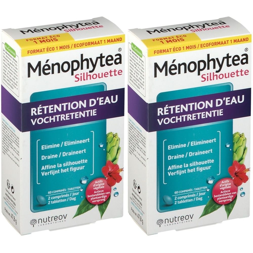 Twee dozen Nutreov Ménophytea Silhouette. Opschrift: Rétention d'Eau, Vochtretentie. Bevat 60 tabletten. Merk Nutreov.